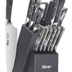 15 pc CHEF + STEAK KNIVES + SHEARS - BLOCK SET (Grey Marbling)